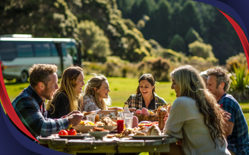 Group Enjoying Picnic with Coach Hire in New Zealand, May 2024, New Zealand, Coach hire in New Zealand.